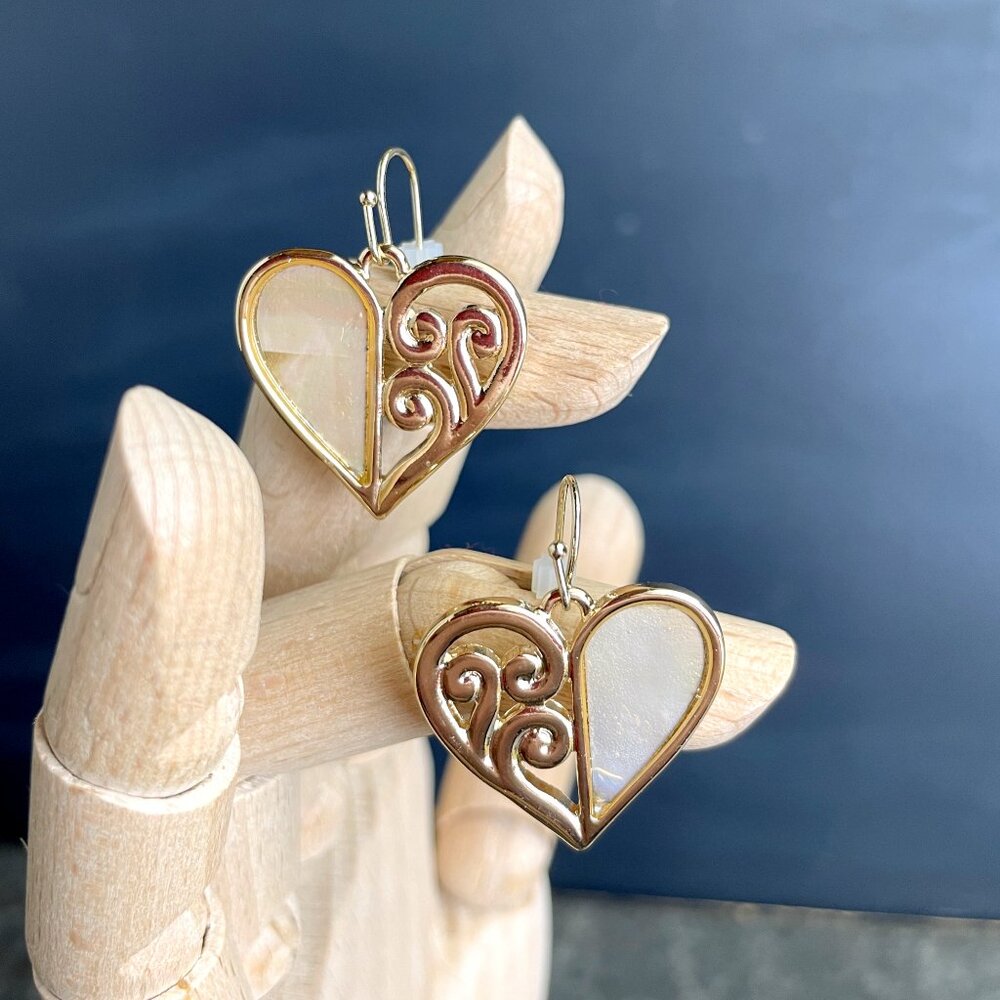 Boho heart dangle earrings - gold tone and mother of pearl